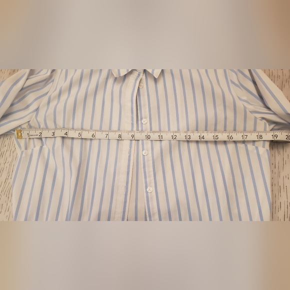 Blue and White Striped Button-Up Shirt With Pleated Cuffs 🤍 - Picture 7 of 9
